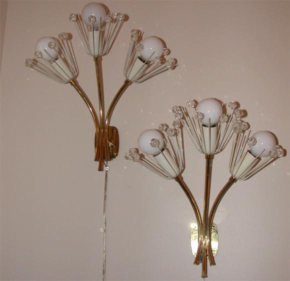 PAIR OF BRASS AND CRYSTAL BALL SCONCES