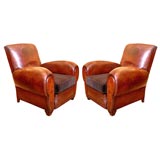 Vintage Pair of French 40s Leather Club Chairs