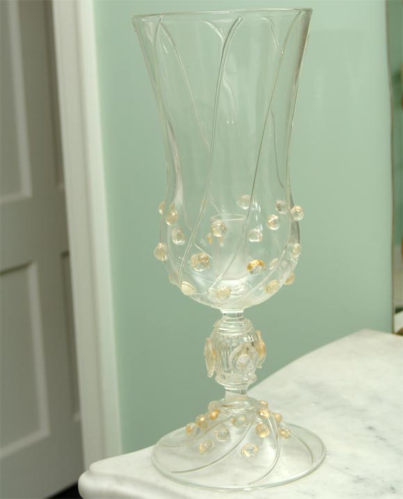 Murano glass footed hurricane candle holder in clear glass and gold flecked glass.