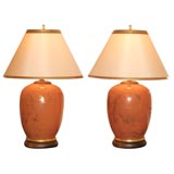 Pair of Hand Painted Apricot Pottery Jar Lamps