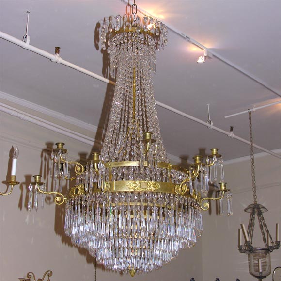 Swedish Empire Gilt Brass 12-lights Crystal Chandelier