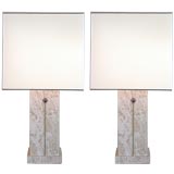 Large Pair Inlaid Travertine Table Lamps