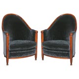 Pair of Barrel-Back Stained-Oak Club Chairs