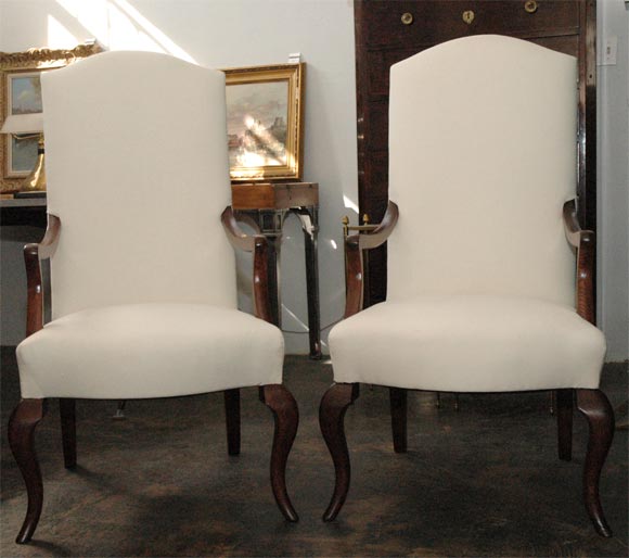 Perfectly proportioned pair of tall armchairs by renowned French 1940s furniture designer and interior decorator Jean-Charles Moreux. Perfect for a chic Parisian style living room.

Reference: Jean-Charles Moreux, Architecte-Decorateur-Paysagiste;