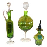 3 Green Glass Decanters