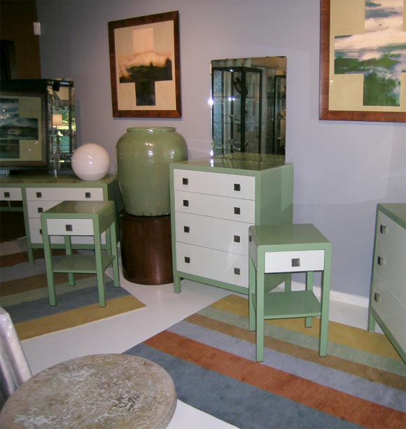 Pair of Enameled Metal, Single-Drawer Nightstands with Chrome Pulls.<br />
Price per Piece is $1,100 <br />
Part of a 9 Piece Bedroom Suite consisting of :  A Vanity/Desk, Pair of Dressers with attached Mirror ( All with Chrome Pulls).<br />
Not