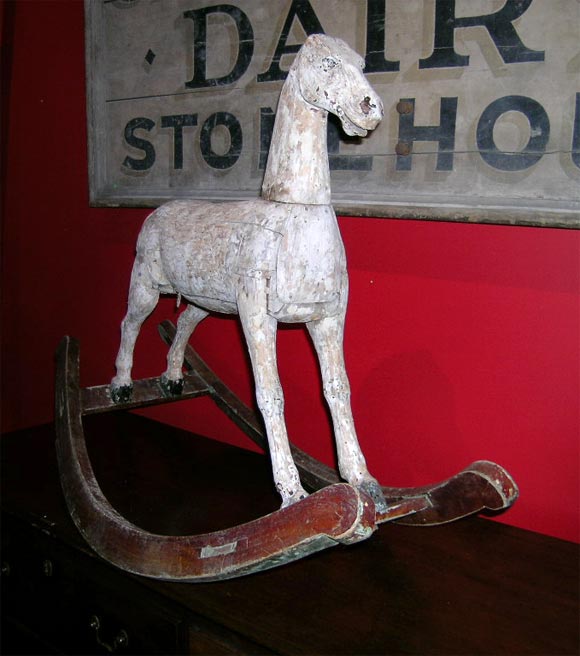 English Sculptural Folk Art Rocking Horse in Original Chalk White Surface
