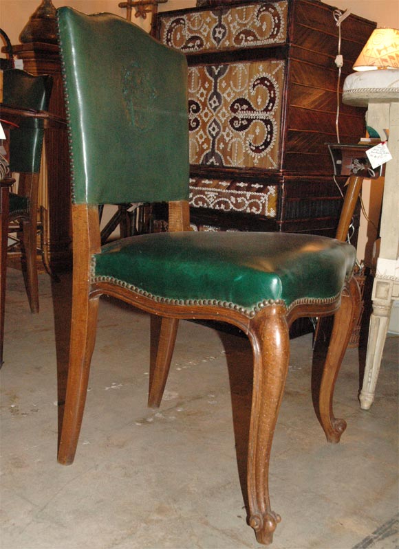20th Century set of 6 green leather chairs