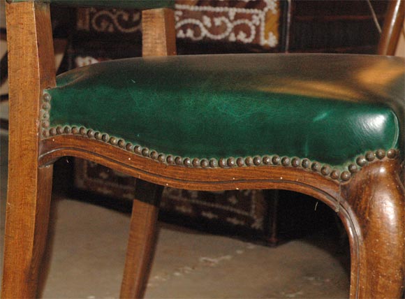 Wood set of 6 green leather chairs