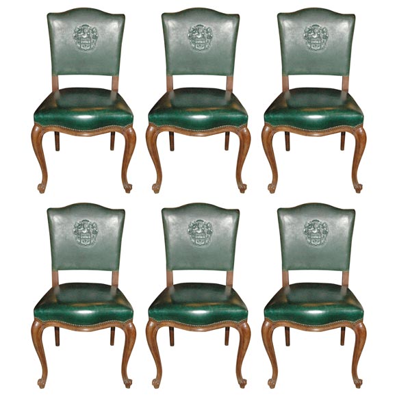 set of 6 green leather chairs