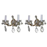 Antique crystal and bronze pair of sconces, wired.