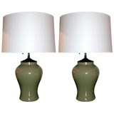 pair of olive temple jar table lamps