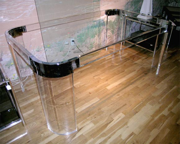Waterfall dining table by Charles Hollis Jones circa 1968.  Acrylic lucite with glass top and rounded chrome edges.