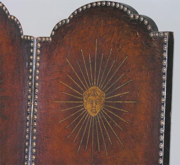 Arts & Crafts leather studded and decorated 4-panel screen