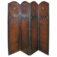 Arts & Crafts leather studded and decorated 4-panel screen