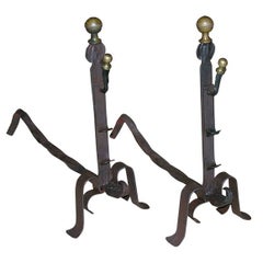 Pair of Italian 18th C Wrought Iron and Bronze Andirons