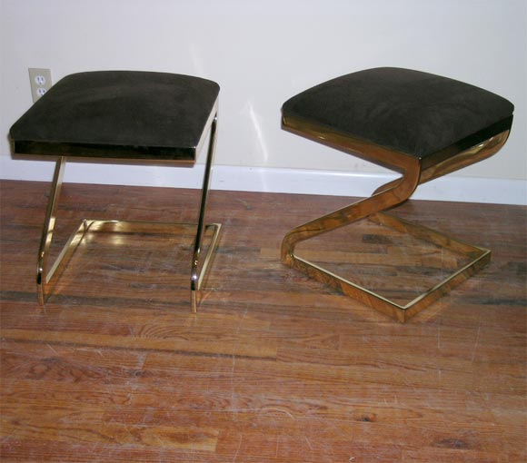 PAI OF BRASS Z STOOLS UPHOLSTERED IN CHOCOLATE BROWN ULTRA SUEDE