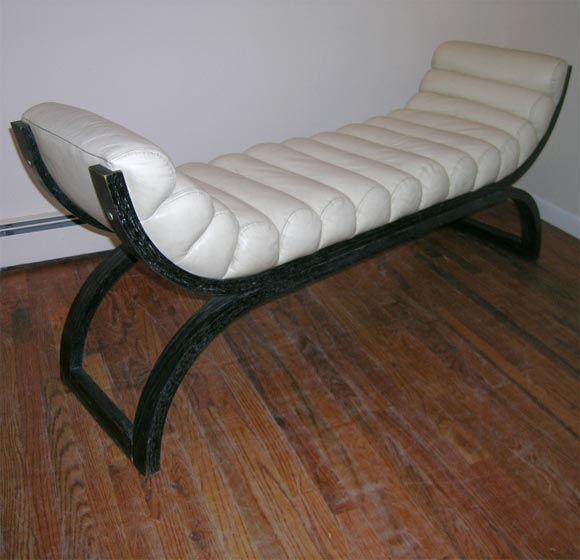 WONDERFUL CURVED CERUSED OAK BENCH UPHOLSTERED IN WHITE LEATHER At 1stdibs