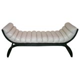 WONDERFUL CURVED CERUSED OAK BENCH UPHOLSTERED IN WHITE LEATHER