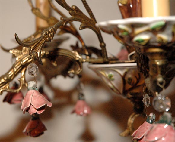 Bronze Chandelier with Porcelain Flowers