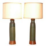 Pair of Hal Fromhold Green Stoneware Lamps with Walnut Accents