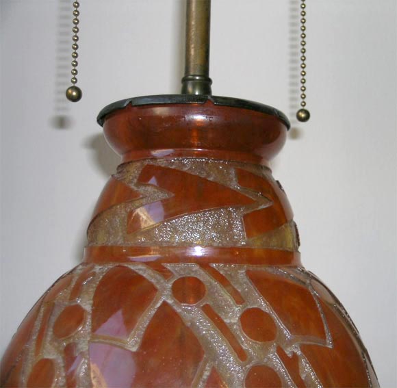 20th Century Daum Nancy Glass Art Deco Lamp Mounted in Iron by L. Katona