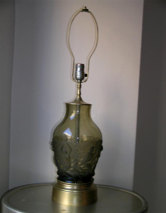 Rare Sabino smoke-colored glass vases mounted as lamps -- all original. Molded glass with a brilliant frieze of mermaids, quality equal to R. Lalique of the period.