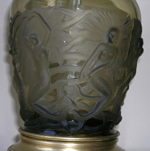 Pair Very Rare Sabino Art Deco Mermaid Lamps In Excellent Condition In Southampton, NY