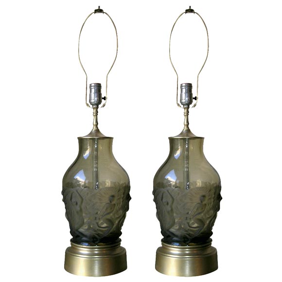 Pair Very Rare Sabino Art Deco Mermaid Lamps