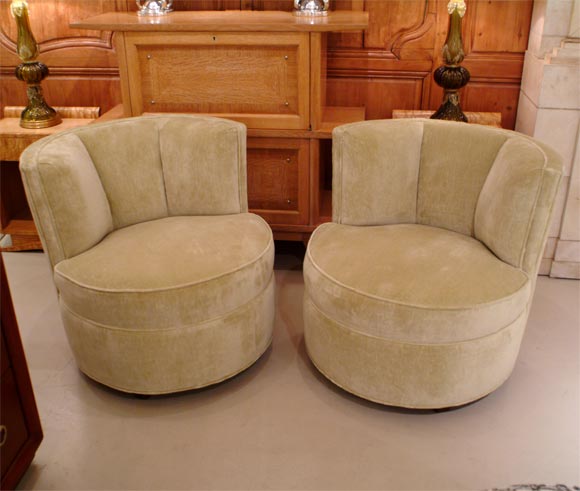 Pair of 1940's Barrel Chairs in Calvin Celery Linen Velvet