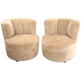 Pair of 1940's Barrel Chairs in Calvin Celery Linen Velvet