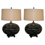 Pair of Blue Glass Lamps with Applied Bamboo and Leaf Detailing