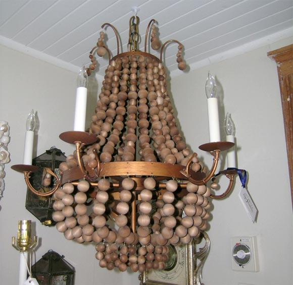 Six Candle Wooden Bead Chandeilier