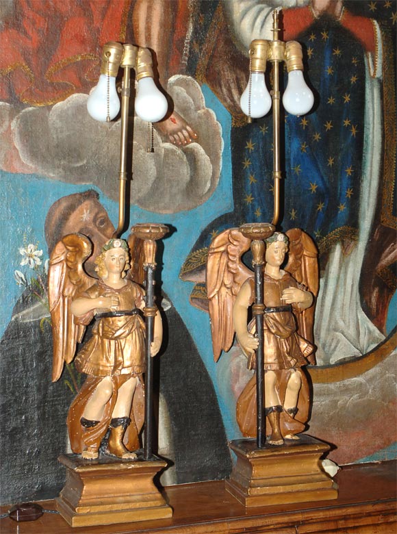 19th Century Pair of Spanish Colonial Carved &  Painted Angel Lamps