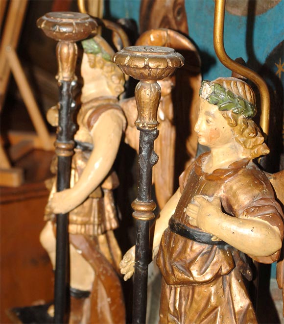 Pair of Spanish Colonial Carved &  Painted Angel Lamps 2