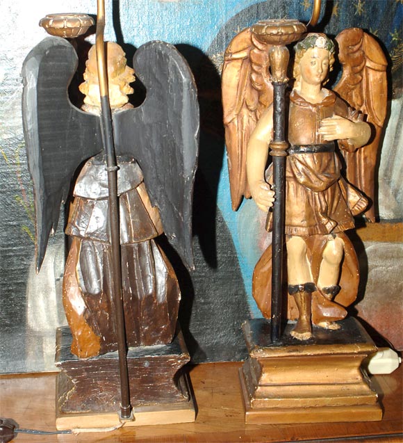 Pair of Spanish Colonial Carved &  Painted Angel Lamps 6