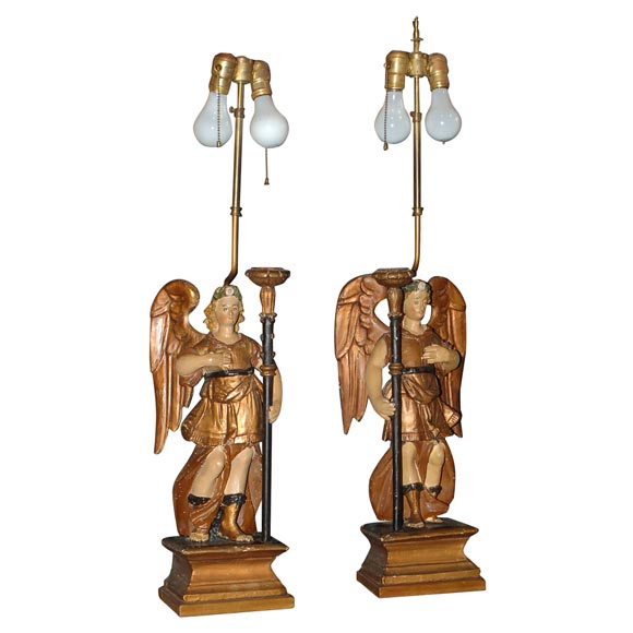 Pair of Spanish Colonial Carved &  Painted Angel Lamps
