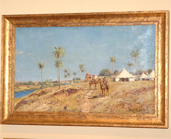 19th Century Oil on Canvas of Egyptian Settlement with Stylized Tents