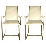 Pair Upholstered Brass Arm Chairs