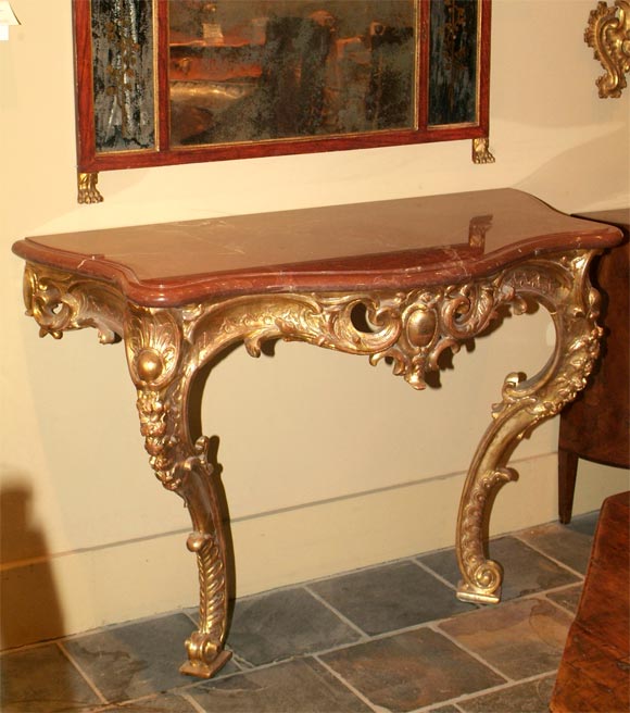 Louis XV carved oak and parcel-gilt console with marble top