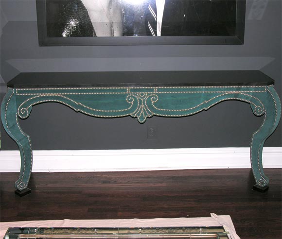 Green teal velvet wall mount console with black granite top. Customization is available in different sizes and fabrics (COM).