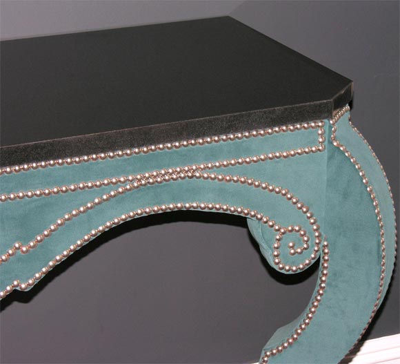 Green Teal Velvet Wall Mount Console with Black Granite Top In New Condition For Sale In New York, NY