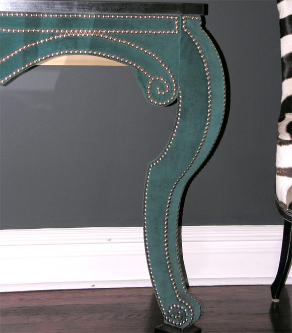 Contemporary Green Teal Velvet Wall Mount Console with Black Granite Top For Sale