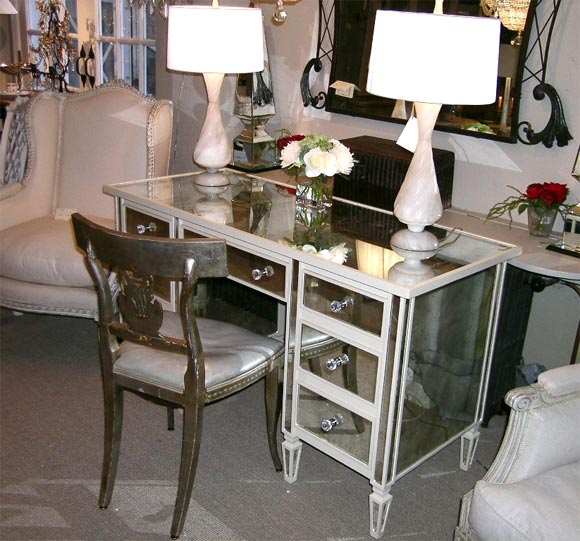 Mirrored 7-drawer vanity/desk in cream finish with antiqued mirror