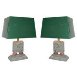 Fabulous Pair of Italian Marble Lamps with Custom Green Shades
