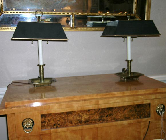 Pair of 19th Century Brass Candlestick Lamps with Tole Shades