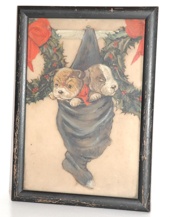 19THC HAND PAINTED OIL PAINTING OF PAIR OF PUPPIES IN A CHRISTMAS STOCKING WITH THE CHRISTMAS WREATHS ON EACH SIDE HANGING FROM A PEG RACK/ GREAT CONDITION