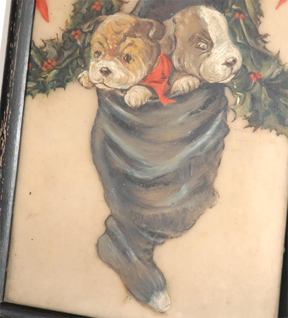 American 19THC OIL PAINTING/ CHRISTMAS PUPPIES PAINTING ON GLASS