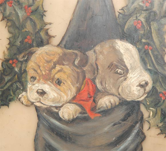 19th Century 19THC OIL PAINTING/ CHRISTMAS PUPPIES PAINTING ON GLASS