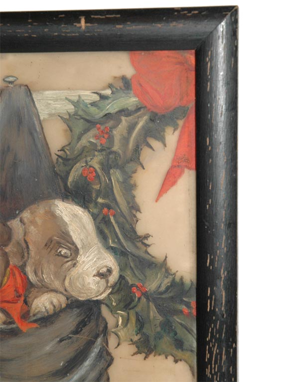 19THC OIL PAINTING/ CHRISTMAS PUPPIES PAINTING ON GLASS 1